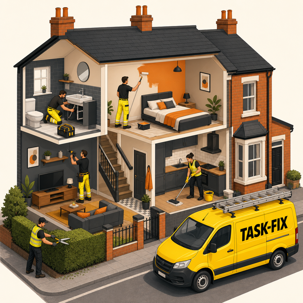 Cutaway illustration of a UK home with Task-Fix tradespeople: plumber, painter, cleaner, handyman, electrician, gardener and a yellow service van outside.